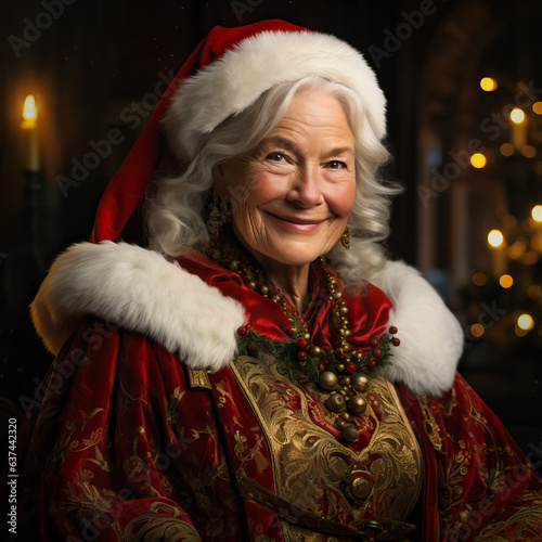 Mrs Santa Claus, the wife of father Christmas, sitting in a chair in their house on the North Pole. Shallow field of view.