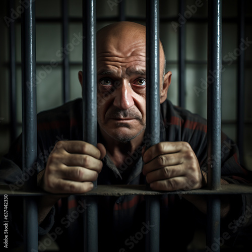 Man in Jail or Prison grabbing the iron bars of his prison cell. Concept of justice and punishment. Shallow field of view.