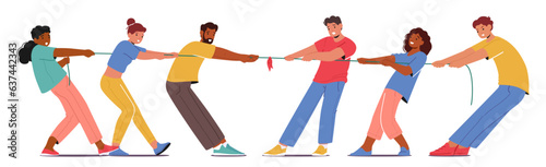 Two Teams Compete In A Test Of Strength And Teamwork, Pulling Opposite Ends Of A Rope In Opposite Directions