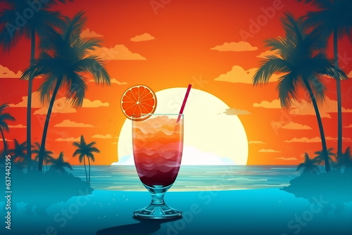 Summer holidays illustration - cocktail on a beach against a sunny sunset seascape