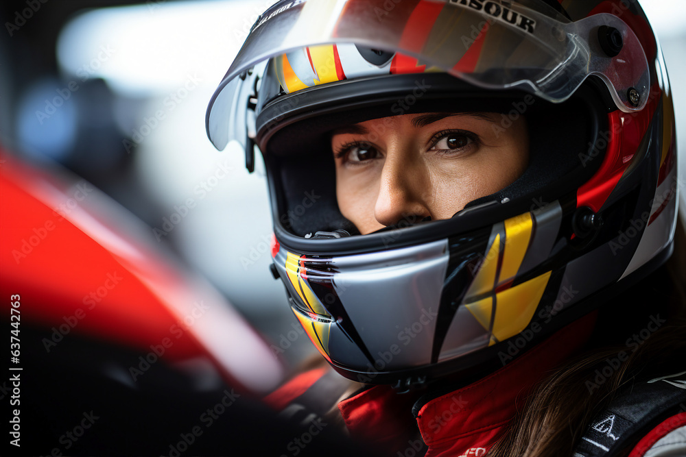 Generative AI digital portrait of a professional sports car racer in a helmet driving auto on the track Generative AI digital portrait of a professional sports car racer in a helmet driving auto on the track