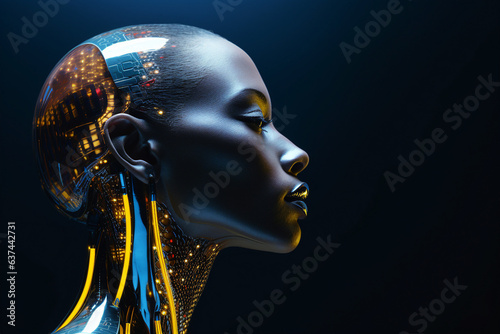 Generative ai collage of female humanoid robot invention on dark black background
