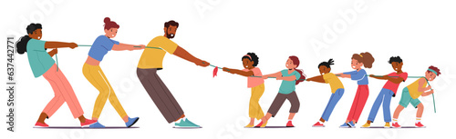 Energetic Kids And Enthusiastic Parents Family Characters Engage In A Spirited Tug Of War, Laughing And Competing