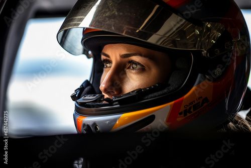 Generative AI digital portrait of a professional sports car racer in a helmet driving auto on the track © deagreez