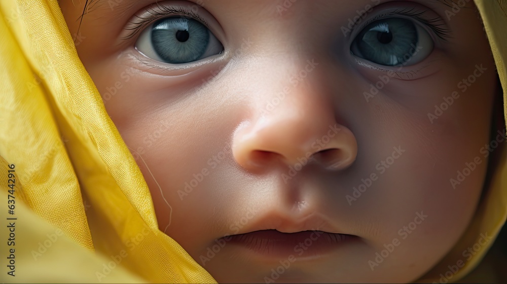 Jaundice in Newborn Baby Girl. Closeup Detail of Infant's Face with