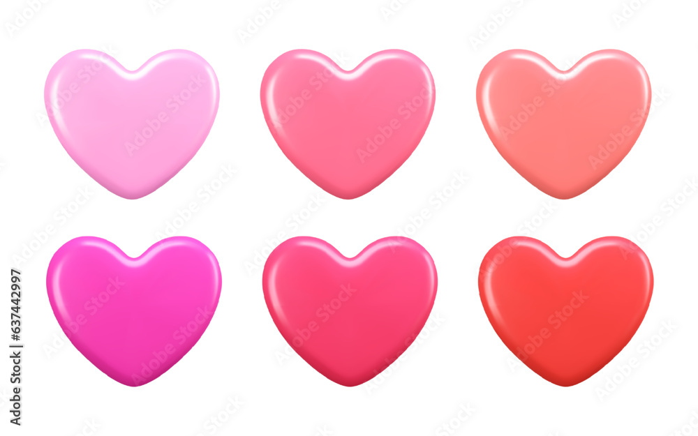 Set of glossy and shiny hearts in 3d style isolated on white background. Valentines Day symbol. Vector illustration.