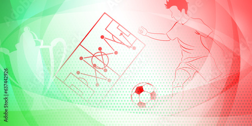 Soccer background with a football player kicking the ball and other sport symbols in national colors of Italy or Mexico