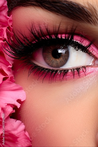 Pink Beauty: Closeup of Female Face with Natural Make-Up, Carnation Flowers and Stunning Eye Detail: Generative AI
