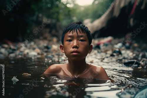 Sad asian child swim in a river full of waste - Generative AI