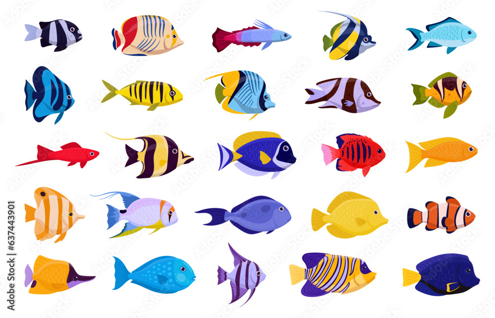 Cartoon tropical fish. Exotic aquarium fishes, emperor angelfish, sweetlips, moorish idol, koran angelfish, blue-cheek butterflyfish flat vector illustration set. Saltwater fish collection Cartoon tropical fish. Exotic aquarium fishes, emperor angelfish, sweetlips, moorish idol, koran angelfish, blue-cheek butterflyfish flat vector illustration set. Saltwater fish collection