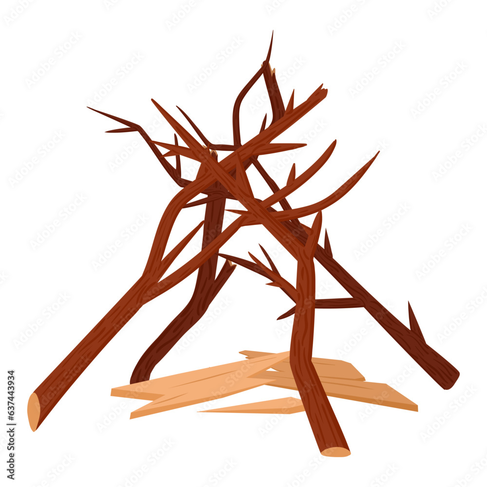 Fototapeta premium Сampfire brushwood. Cartoon wooden branches for camping fire, firewood flat vector illustration. Brushwood for fire