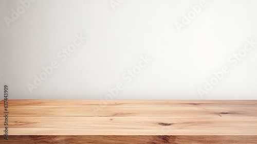 Empty wood table beautiful wooden with white textured wall background Ready for editing, showcasing Generative Ai.