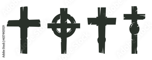Grave crosses. Cartoon halloween spooky decoration silhouettes, old cemetery crosses flat vector illustration set. Halloween party gloomy decor