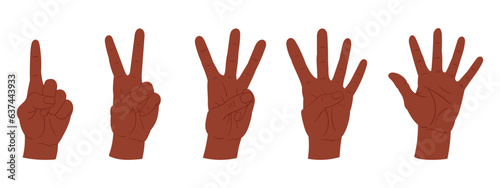 Counting hands. Cartoon hand palms gestures, counting from one to five gestures flat vector illustration set. Hands with countdown gestures