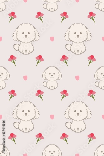 Dog and tulips pattern background. Dog seamless pattern wallpaper background isolated doodle cartoon
