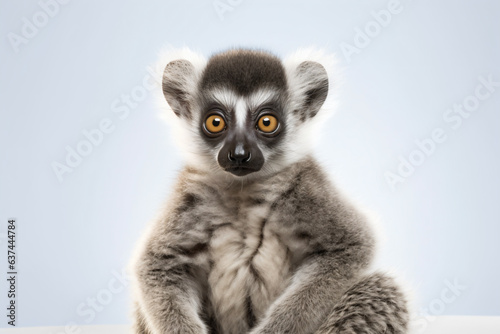 a lemur sitting on a table with its eyes open