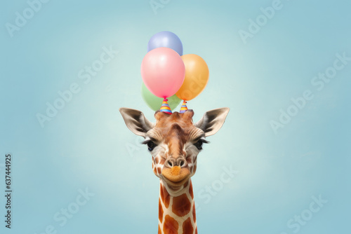 Giraffe wearing a party hat and holding balloons