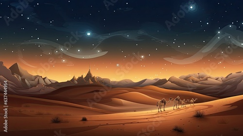 fantastic dunes in the desert at night with sparkling stars herd of camels in far distance