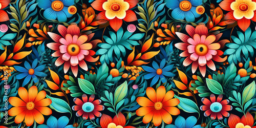 Seamless pattern of brilliant wildflowers on shadowy background. Concept: Vibrant and organic colourful blooms on dim backdrop