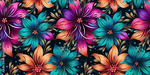 Vibrant wildflower seamless pattern on deep dark background. Concept  Bright organic florals on obscure backdrop