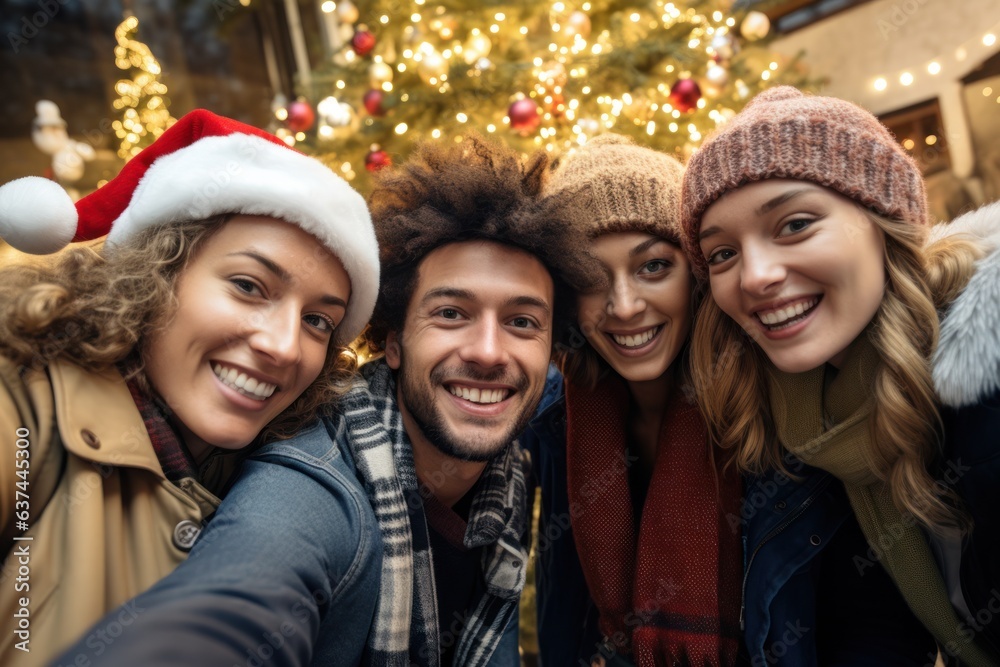 Multinational friends celebrate, pose by decorated Christmas tree. Concept of festive holiday gathering. Multinational friends celebrate, pose by decorated Christmas tree. Concept of festive holiday gathering.