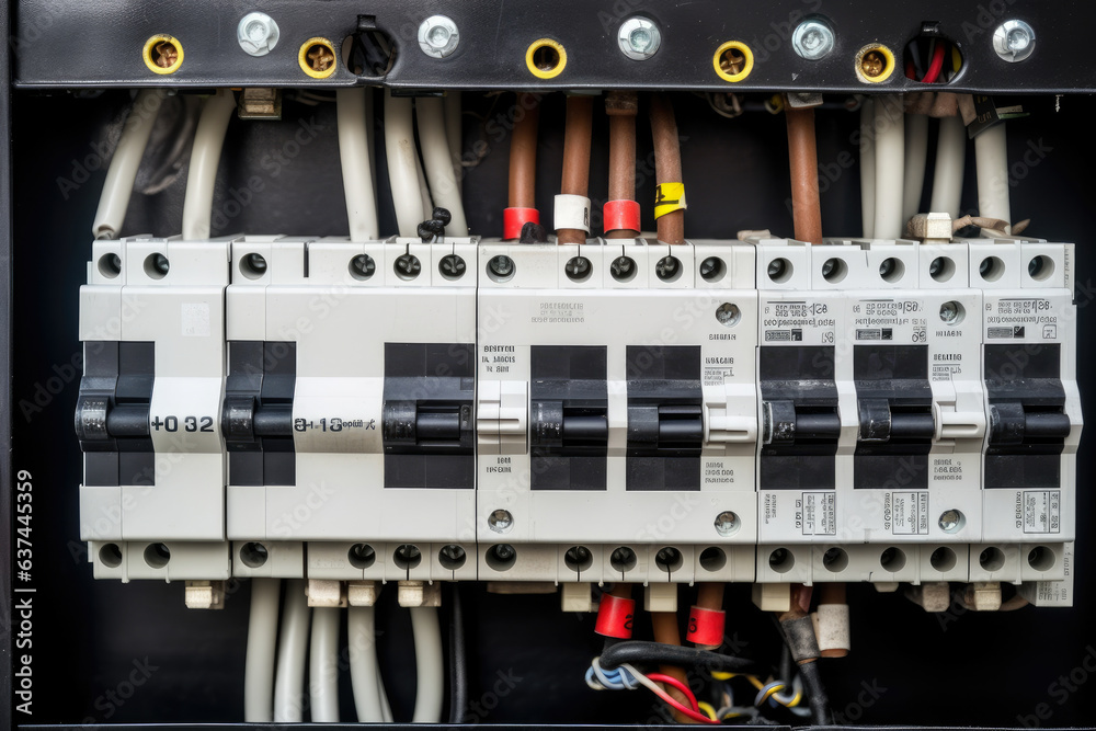A mesmerizing close-up of an electrical panel showcasing an array of circuit breakers, fuses, and protective devices, ensuring utmost safety for electrical systems.