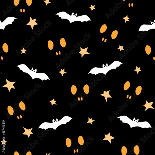 Seamless pattern with night starry sky and bats and eyes glowing in the dark. Vector graphics.