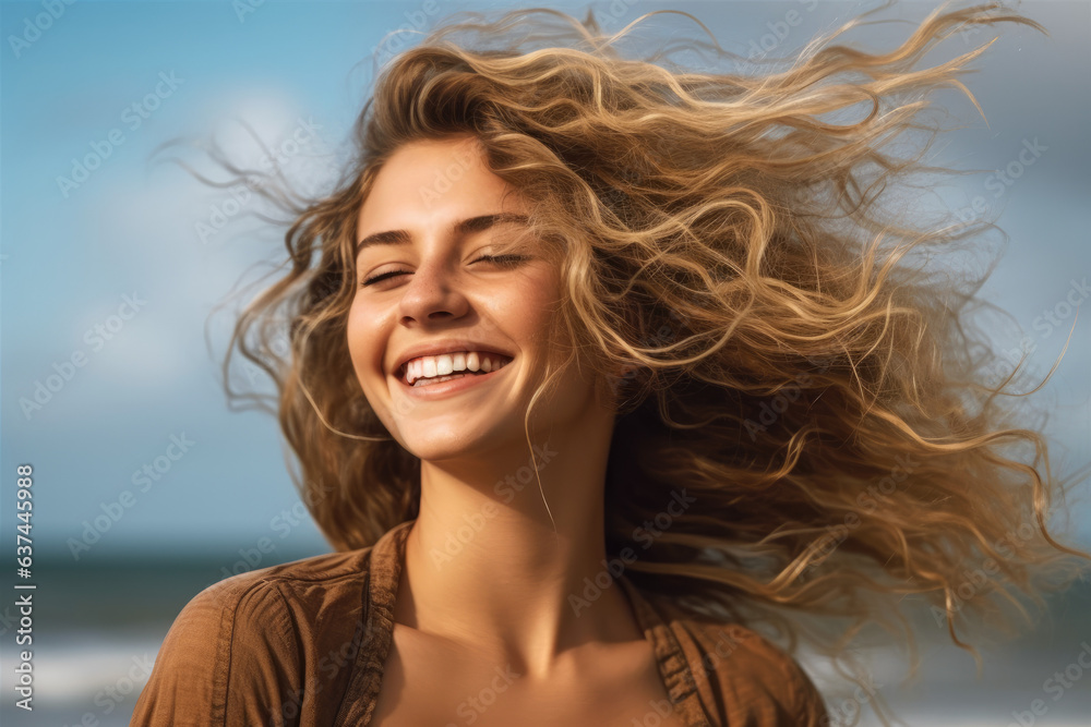 A girl with her hair blowing in the wind while sailing on a boat, surrounded by blue ocean and white clouds