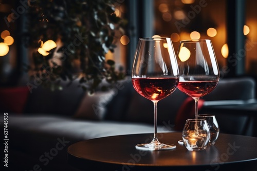 Close up view of wine glasses on out of focus high end hotel background.