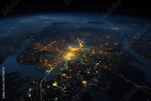 Satellite view of the lights of a large modern city at night. The dependence of large cities on the supply of electricity. #637446331