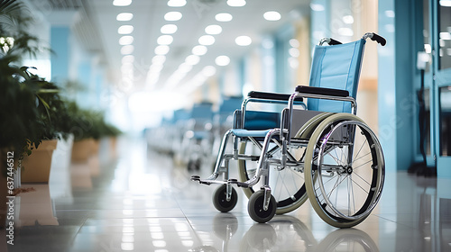 Empty wheelchair in the hospital corridor. 3d rendering and illustration.