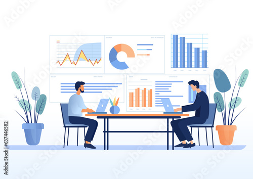 Business team working on monitor. Business finance investment concept. Ready to apply to your design. Vector illustration.