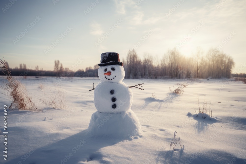 Fototapeta premium A cheerful snowman standing in a winter wonderland