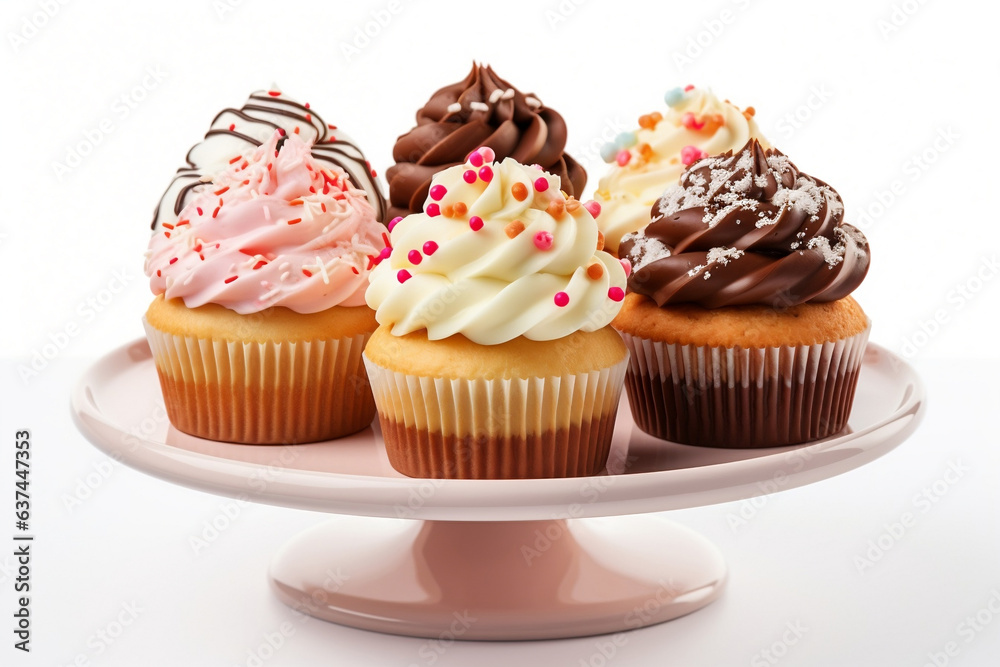 Bucket of delicious cupcakes on white background, Advert, Valentine day, Mother day, International Women Day