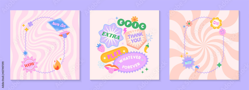 Vector social media templates with patches and stickers in 90s style.Modern emblems in y2k aesthetic with spiral and wavy backgrounds.Trendy funky designs.