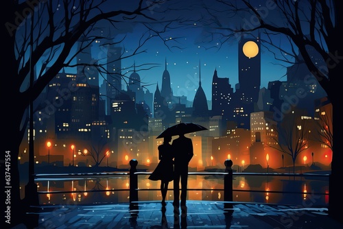 Silhouette of a heretosexual couple in love walking around the night city under an umbrella. Love and relationship concept.