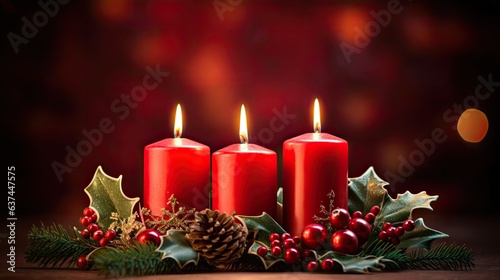  three lite red candles with a red background and reflective sparkles in a Christmas-themed image as a JPG horizontal format. Generative ai