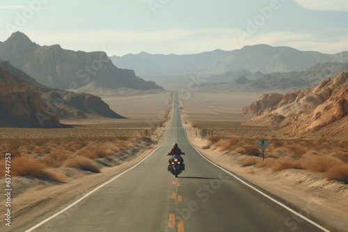 Motorcyclist traveling on a deserted highway surrounded by stunning desert landscapes