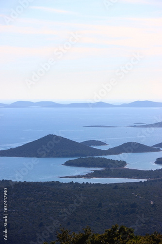 Aerial view of Murter and Kornati islands from viewpoint in Vrana, Croatia.