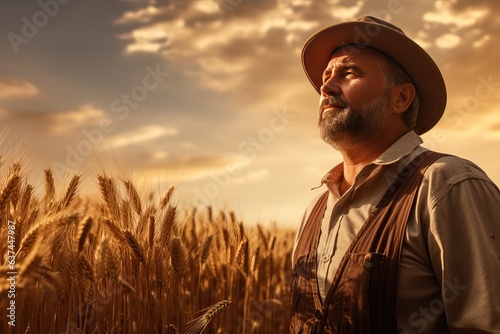 A middle-aged Caucasian male farmer standing in the wheat field. He inspects the wheat and the quality of the stalks in his field. Agribusiness.