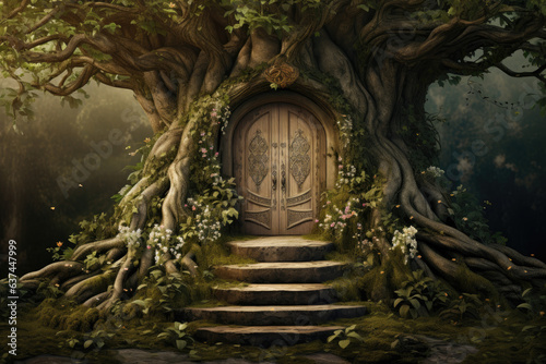 Magical tree with doors leading to different realm