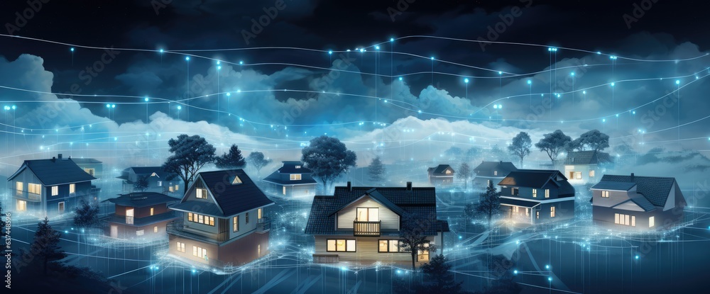 houses with wires forming an abstract night time network Generative AI