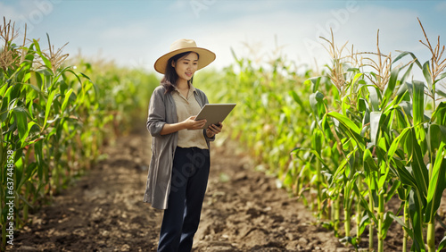 Young asian female farmer standing amidst a cornfield, using a digital tablet to harness modern agricultural technologies. Concept of innovations in agribusiness and crop quality management