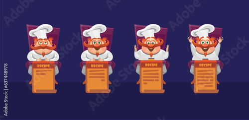 The chef who comes up with the recipe. Emotions shown in development. Think, guess, eureka. Cute vector character