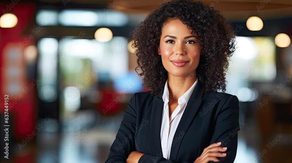 Fototapeta premium a horizontal layout of an ethnic businesswoman CEO, confident, smiling, arms crossed with a business office background and space for a copy in a Business-themed JPG format. Generative AI
