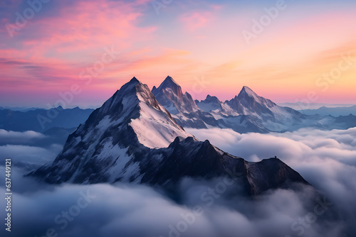 Beautiful aerial shot of mountains  under the beautiful pink and blue sky