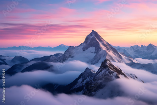 Beautiful aerial shot of mountains under the beautiful pink and blue sky