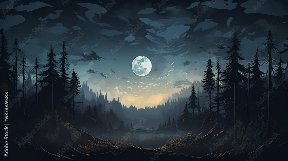 An ominous forest at night with a full moon An ominous forest at night with a full moon