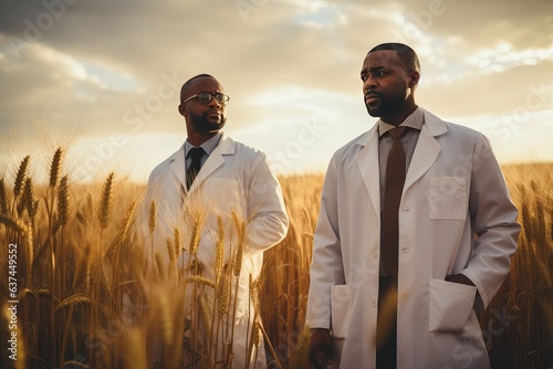 Two middle-aged African American agronomists in a coat standing in a wheat field. Influence of modern fertilizers and chemicals on the quality and rate of grain maturation.