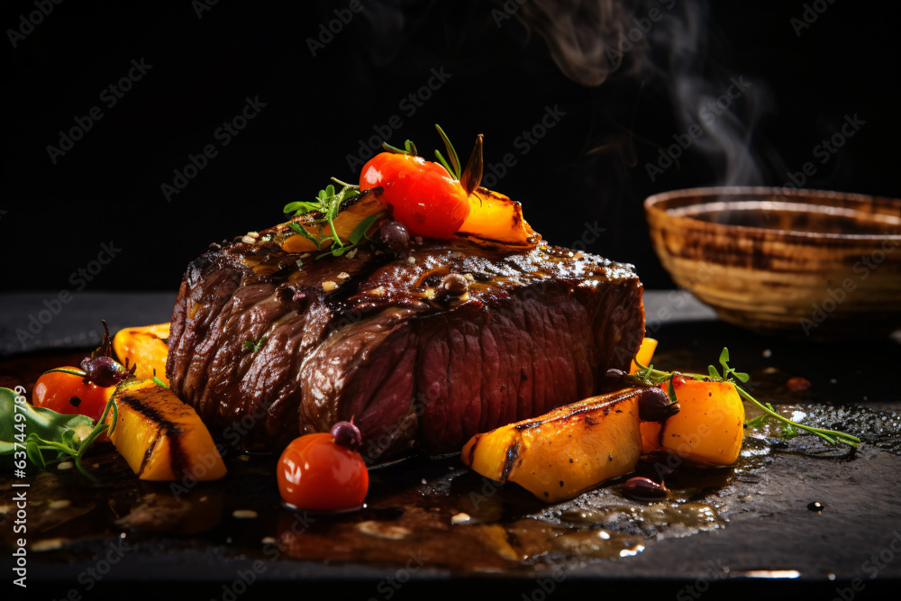 Food photography, grilled beef, grilled vegetables, in a luxurious Michelin kitchen style, studio lighting, depth of field, ultra detailed - obrazy, fototapety, plakaty 